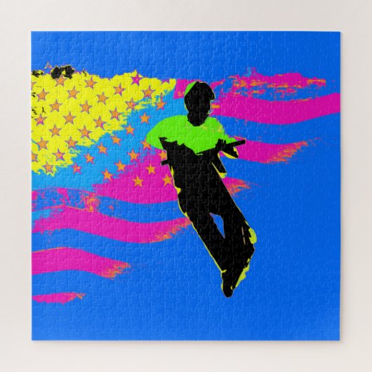 愛国的なスクーター・ライダーと米国国旗のアートワーク ジグソーパズル (縦)