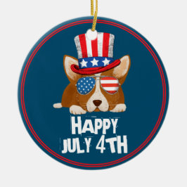 愛国的なスターとストライプハットとグラスコルギ セラミックオーナメント