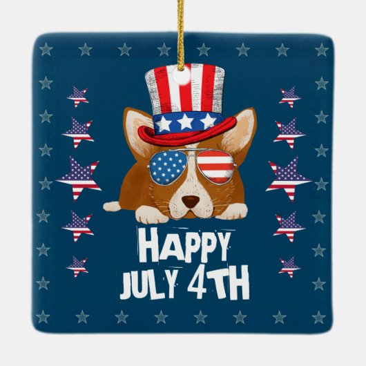 愛国的なスターとストライプハットとグラスコルギ セラミックオーナメント (裏面)