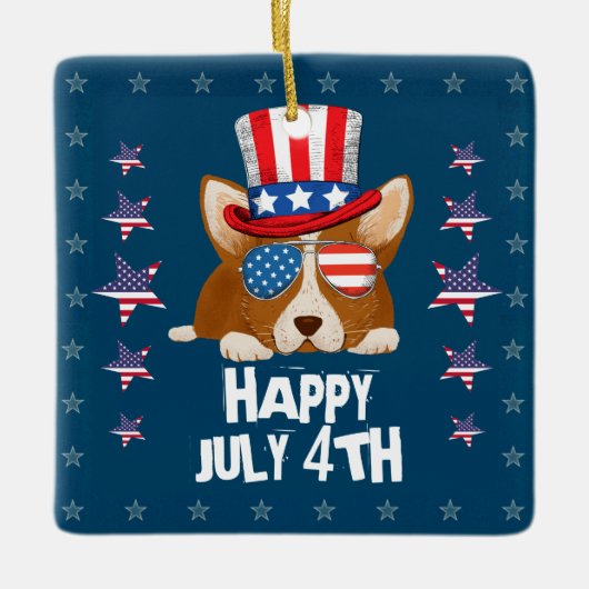 愛国的なスターとストライプハットとグラスコルギ セラミックオーナメント (正面)