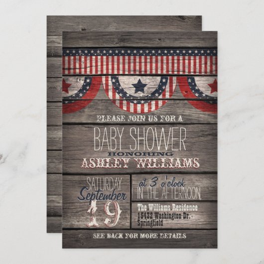 愛国的なスターストライプズと素朴、木製ベビーシャワー 招待状 (正面/裏面)