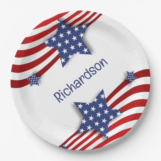 愛国的なスターストライプズ&パーソナライズされた ペーパープレート (正面)