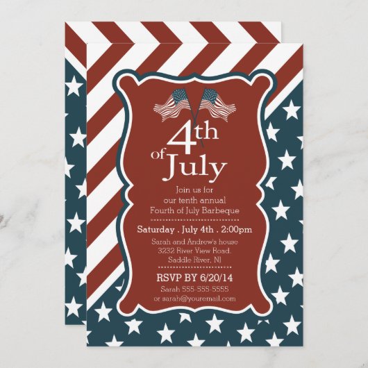 愛国的なスターストライプズ&7月パーティー4日 招待状 (正面/裏面)