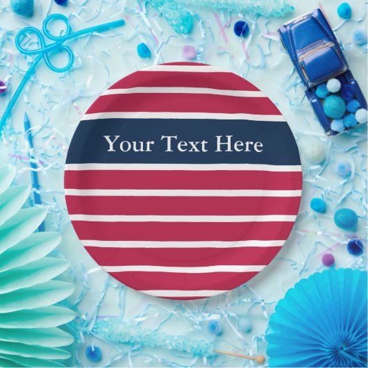 愛国的なストライプ赤白青があなたのテキストをパターン ペーパープレート (パーティー)