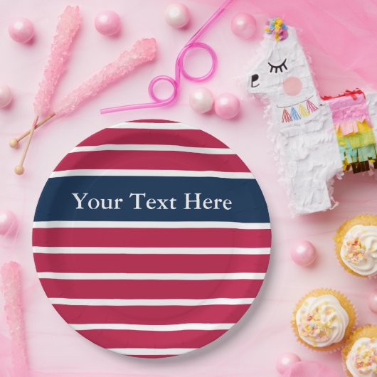 愛国的なストライプ赤白青があなたのテキストをパターン ペーパープレート (パーティー)