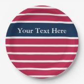 愛国的なストライプ赤白青があなたのテキストをパターン ペーパープレート (正面)