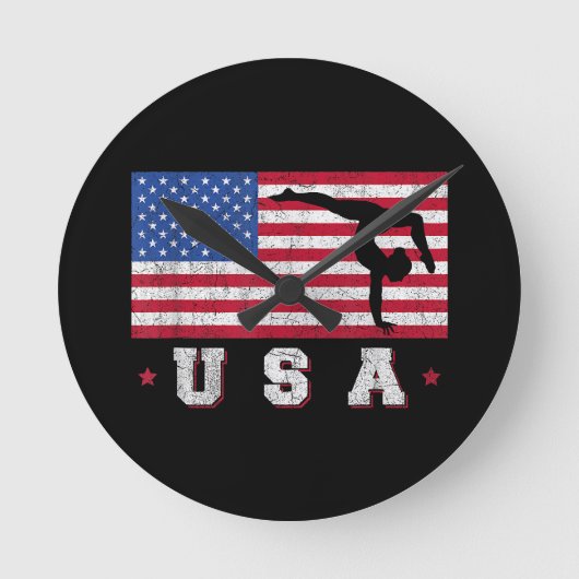 愛国的なスポーツギフト米国国旗の女の子の体操 ラウンド壁時計 (正面)