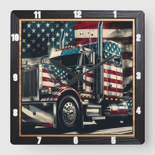 愛国的なセミトラックアメリカ国旗 スクエア壁時計 (正面)