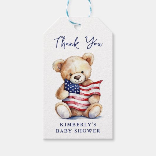 愛国的なテディベア赤白青赤ちゃんシャワー ギフトタグ (正面)