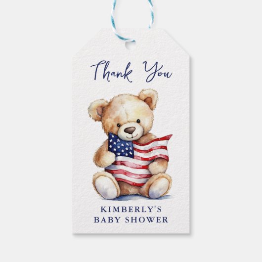 愛国的なテディベア赤白青赤ちゃんシャワー ギフトタグ (裏面)