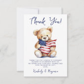 愛国的なテディベア赤白青赤ちゃんシャワー サンキューカード (正面)