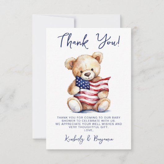 愛国的なテディベア赤白青赤ちゃんシャワー サンキューカード (正面)