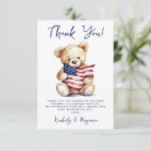 愛国的なテディベア赤白青赤ちゃんシャワー サンキューカード (スタンド正面)