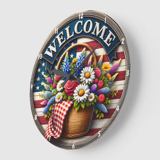 愛国的なデザインと花と文字歓迎 ラージ壁時計 (傾斜)
