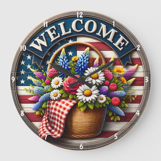 愛国的なデザインと花と文字歓迎 ラージ壁時計 (正面)