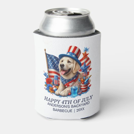 愛国的なトップハットをかぶった犬 赤 白 青 星 ストライプ 缶クーラー (缶裏面)