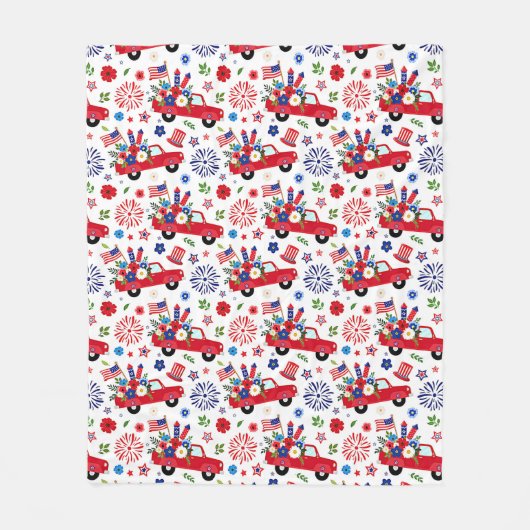 愛国的なトラックと花火の模様 フリースブランケット (正面)