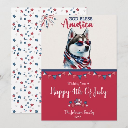 愛国的なドッグ・ハスキー 4th Of July カード (正面/裏面)