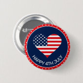 愛国的なネイビーブルー、米国国旗ハート 4th of July 缶バッジ (正面&裏面)