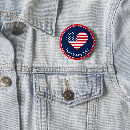 愛国的なネイビーブルー、米国国旗ハート 4th of July 缶バッジ (インサイチュ)