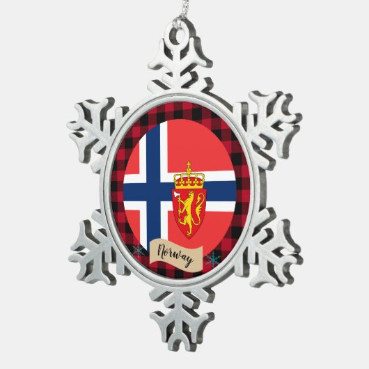 愛国的なノルウェー、バッファローのプレイド、ノルウェー国旗 スノーフレークピューターオーナメント (右)
