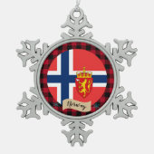 愛国的なノルウェー、バッファローのプレイド、ノルウェー国旗 スノーフレークピューターオーナメント (正面)