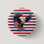 愛国的なハゲのワシ国旗の赤白と青ストライプ色 缶バッジ (正面)