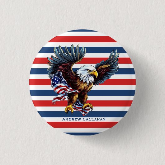 愛国的なハゲのワシ国旗の赤白と青ストライプ色 缶バッジ (正面)