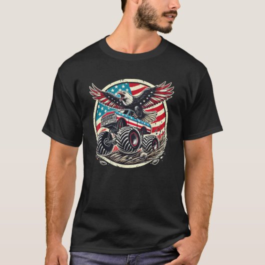 愛国的なハゲ・イーグル・モンスター・トラック米国国旗 Tシャツ (正面)