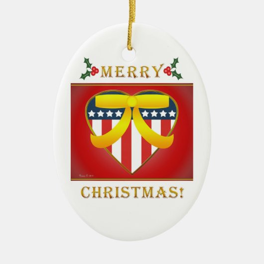 愛国的なハートイエローリボンラウンドオーナメント セラミックオーナメント (正面)