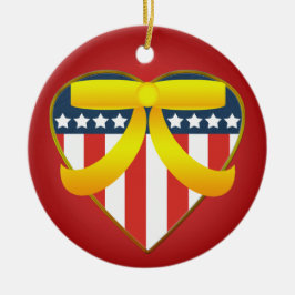愛国的なハートイエローリボンラウンドオーナメント セラミックオーナメント