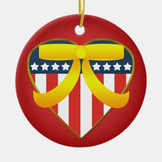 愛国的なハートイエローリボンラウンドオーナメント セラミックオーナメント (正面)
