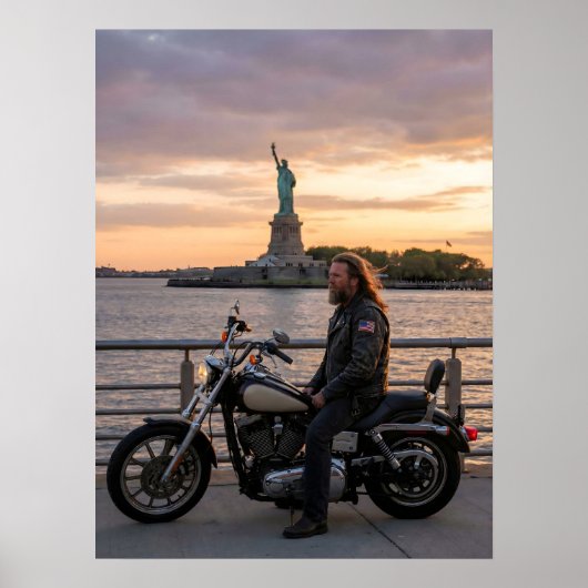 愛国的なバイク乗りの自由の女神・夕焼け・水辺 ポスター (正面)