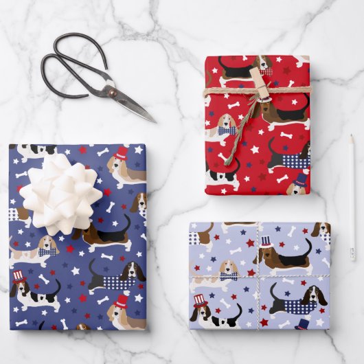 愛国的なバスセットハウンド ラッピングペーパーシート (正面)