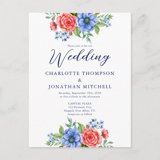 愛国的なフローラブルーレッドホワイト7月4日結婚午後 案内ポストカード (正面)