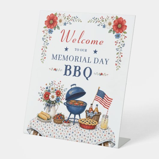 愛国的なフローラル メモリアルデイ BBQ | ウェルカムサイン 台座サイン (正面)