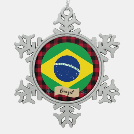 愛国的なブラジル、バッファロー・プレイド、ブラジル国旗 スノーフレークピューターオーナメント (正面)