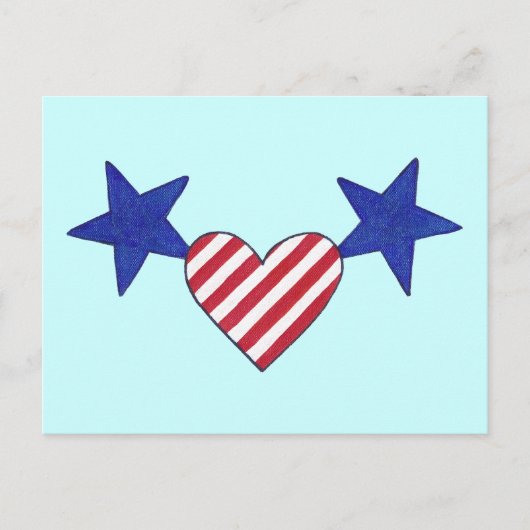 愛国的なブルースター赤と白ストライプハート ポストカード (正面)