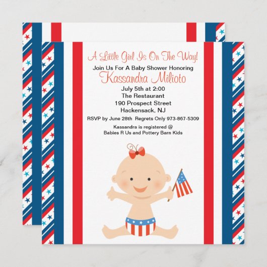 愛国的なベビーガールウェービングフラグベビーシャワー招待状 招待状 (正面/裏面)