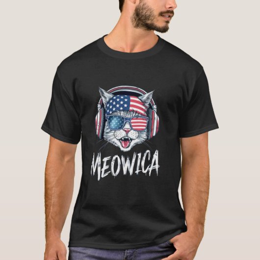 愛国的なミャオイカ猫サングラス 7月4日 アメリカ Tシャツ (正面)