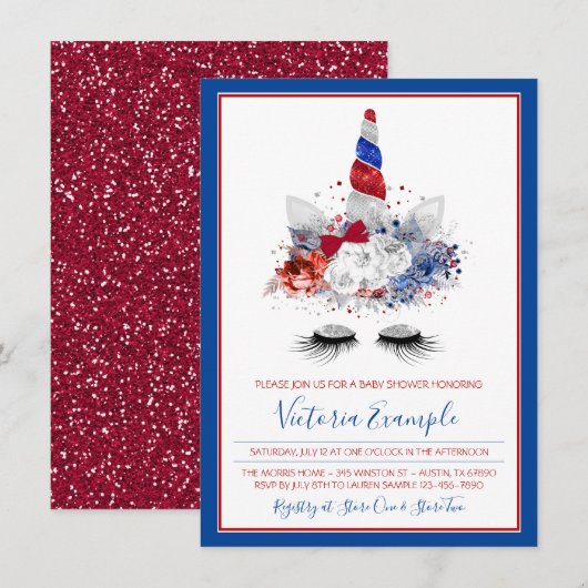 愛国的なユニコーン 赤白青 ベビーシャワー 招待状 (正面/裏面)