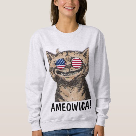 愛国的なユモアのネコTシャツ、AMEOWICA! スウェットシャツ (正面)