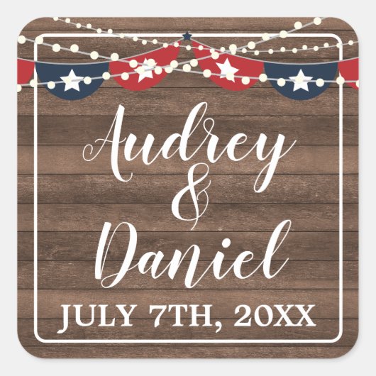 愛国的なライトフレーム7月4日バナ結婚ー スクエアシール (正面)