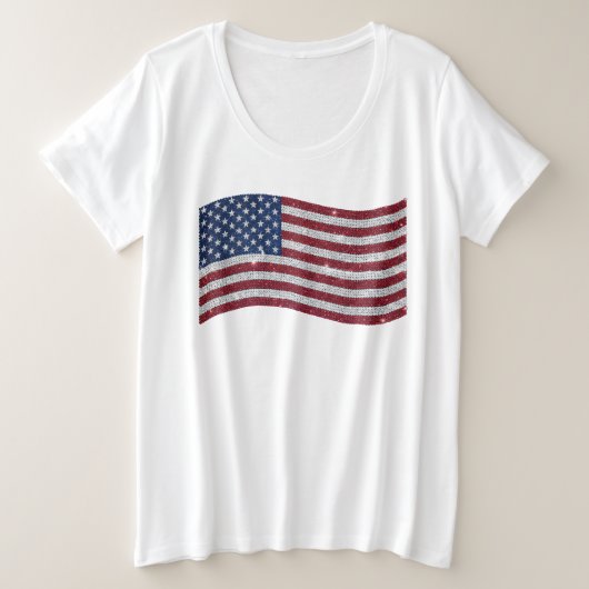 愛国的なラインストーンの米国旗イラスト プラスサイズTシャツ (デザイン正面)