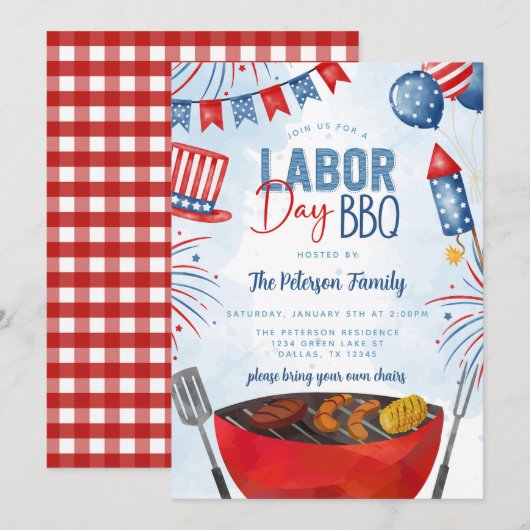 愛国的なレイバー・デイのBBQパーティー 招待状 (正面/裏面)