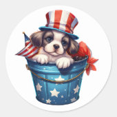 愛国的な仔犬の赤白青トップハット ラウンドシール (正面)
