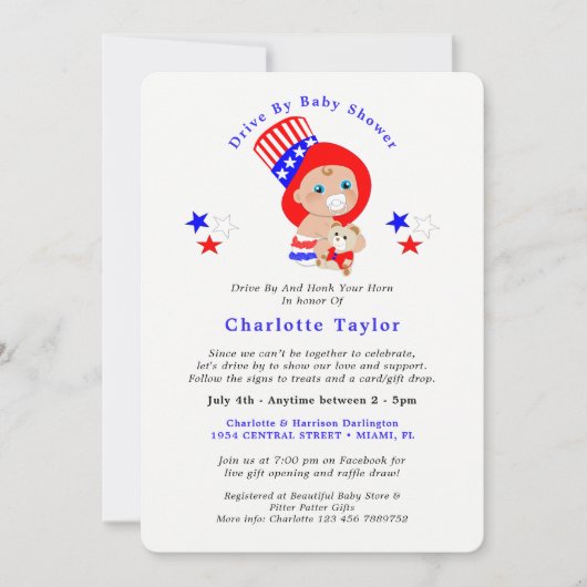 愛国的な叔父サムアメリカン車でベビーシャワー 招待状 (正面)