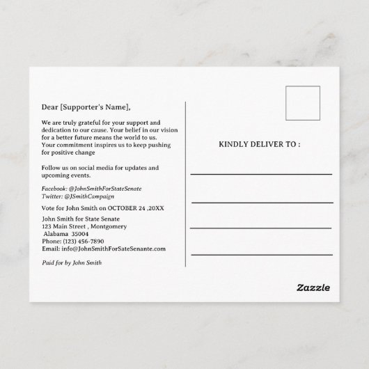 愛国的な政治キャンペーン選挙感謝 ポストカード (裏面)