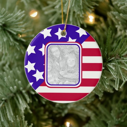 愛国的な星とストライプの写真フレーム セラミックオーナメント (ツリー)