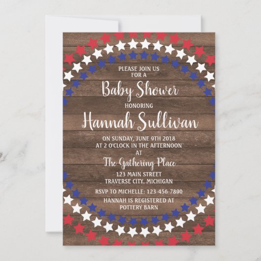 愛国的な星の素朴な7月4日ベイビーシャワー 招待状 (正面)